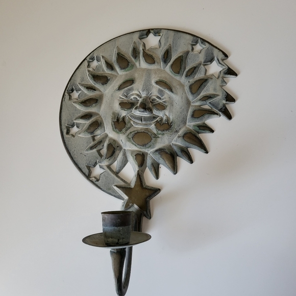 Vintage Verdi Gris Metal Partylite Sun and Stars Wall Sconce Candle Holder - Picture 7 of 15